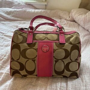 Coach Brown Signature Canvas Satchel with Pink Trim